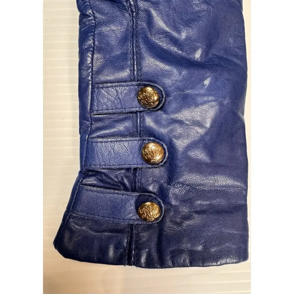 Lauren Ralph Lauren Blue Leather Gloves Womens L Gold Crest Buttons Lined